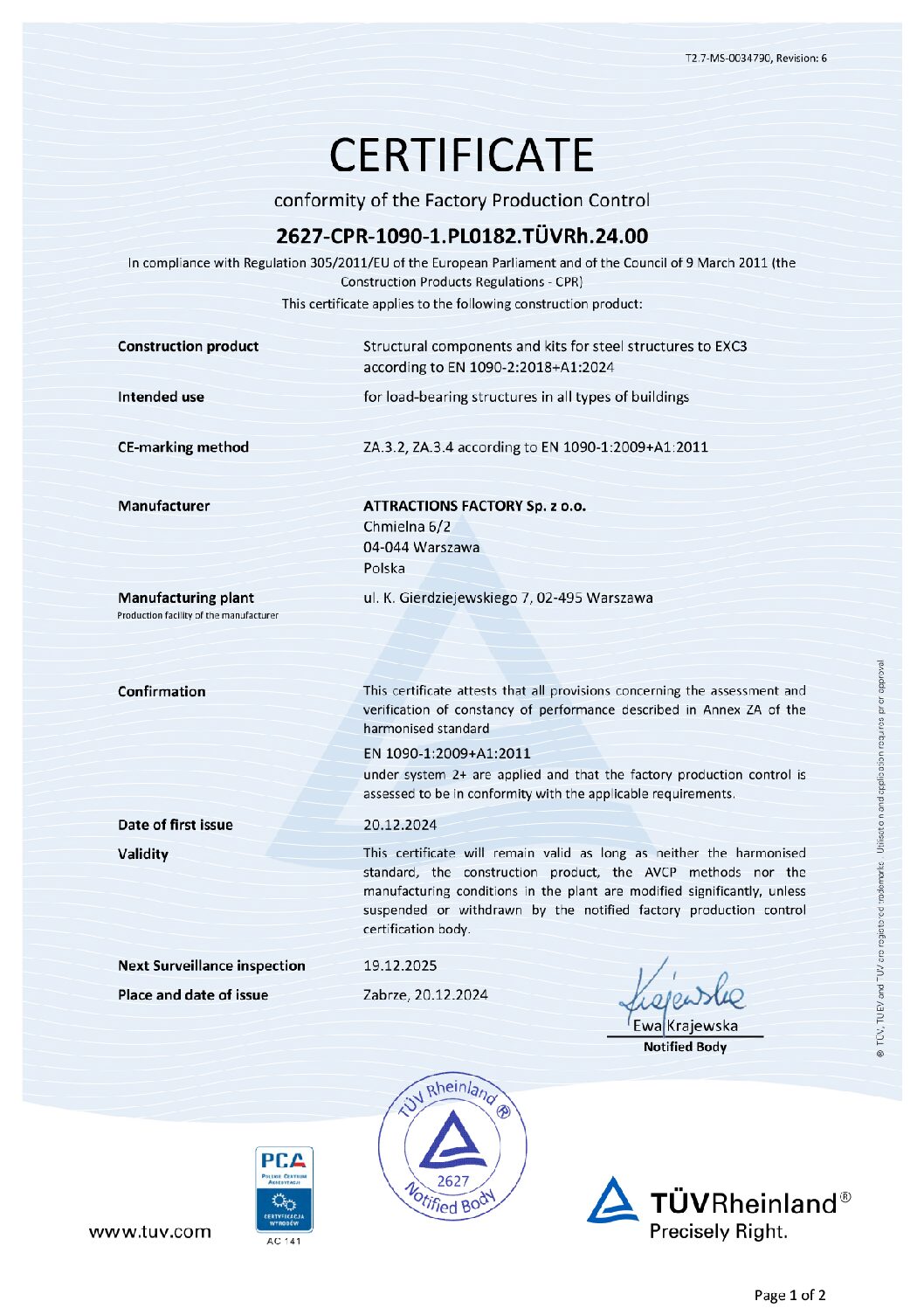 Certificato EN 1090 rilasciato da TÜV Rheinland