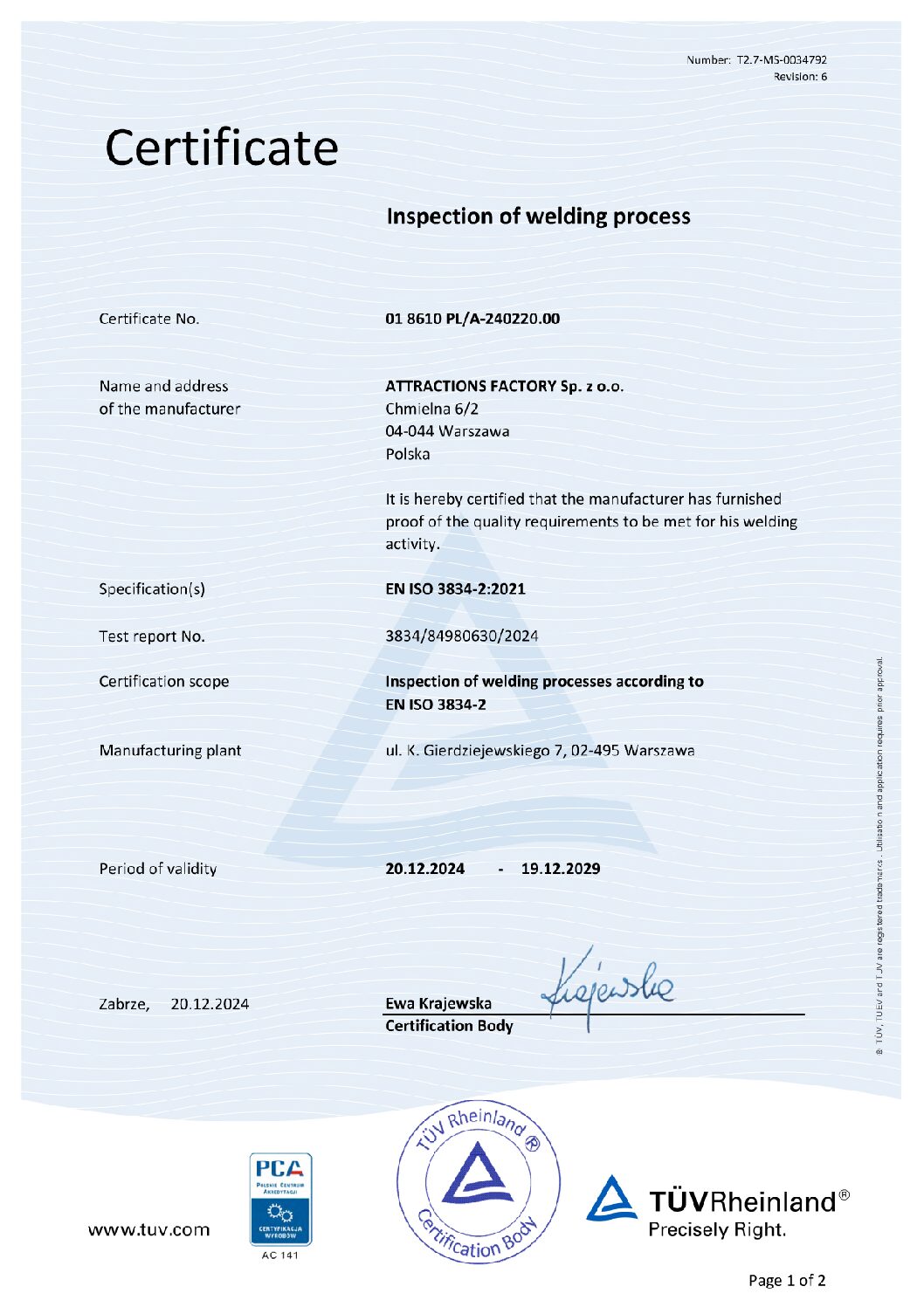 Certificato EN ISO 3834-2:2021 rilasciato da TÜV Rheinland